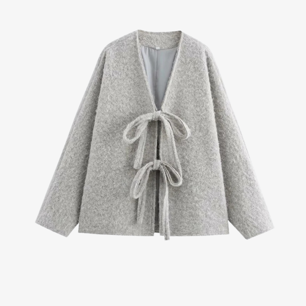 Veste Laine à Nœuds – Gris Clair Élégant