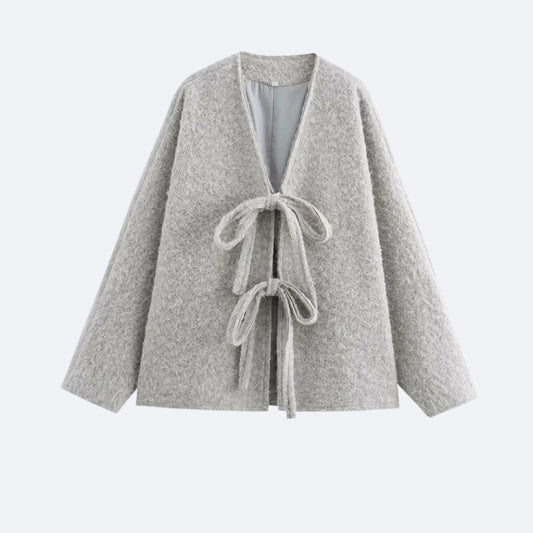 Veste Laine à Nœuds – Gris Clair Élégant